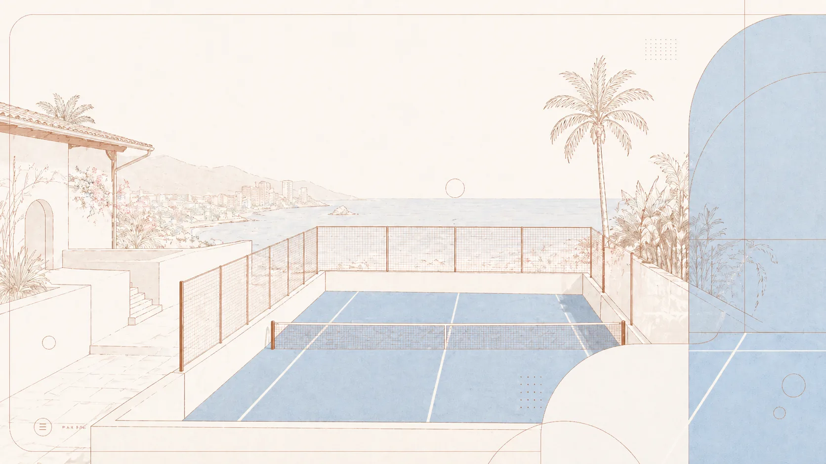 Coastal Acapulco padel court illustration in the More Padel editorial style