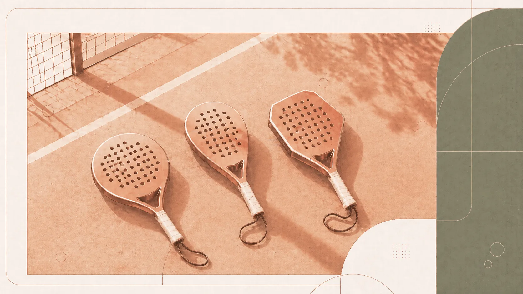 Editorial still life showing round, teardrop, and diamond padel racket shapes