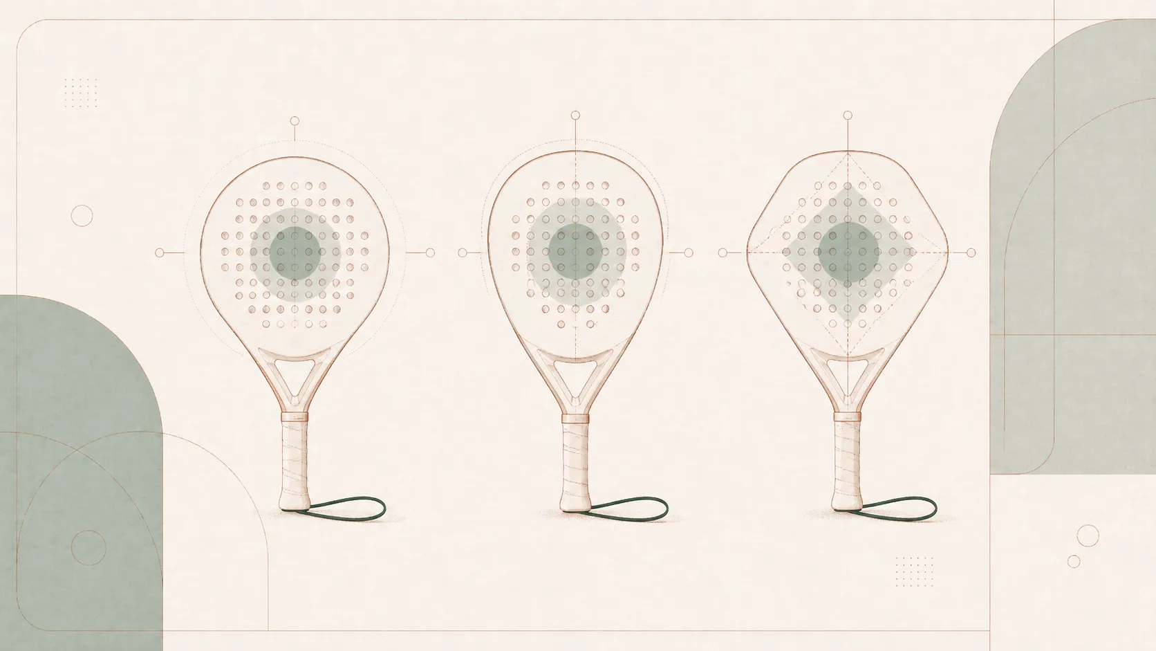 Illustrated comparison of round, teardrop, and diamond padel racket silhouettes