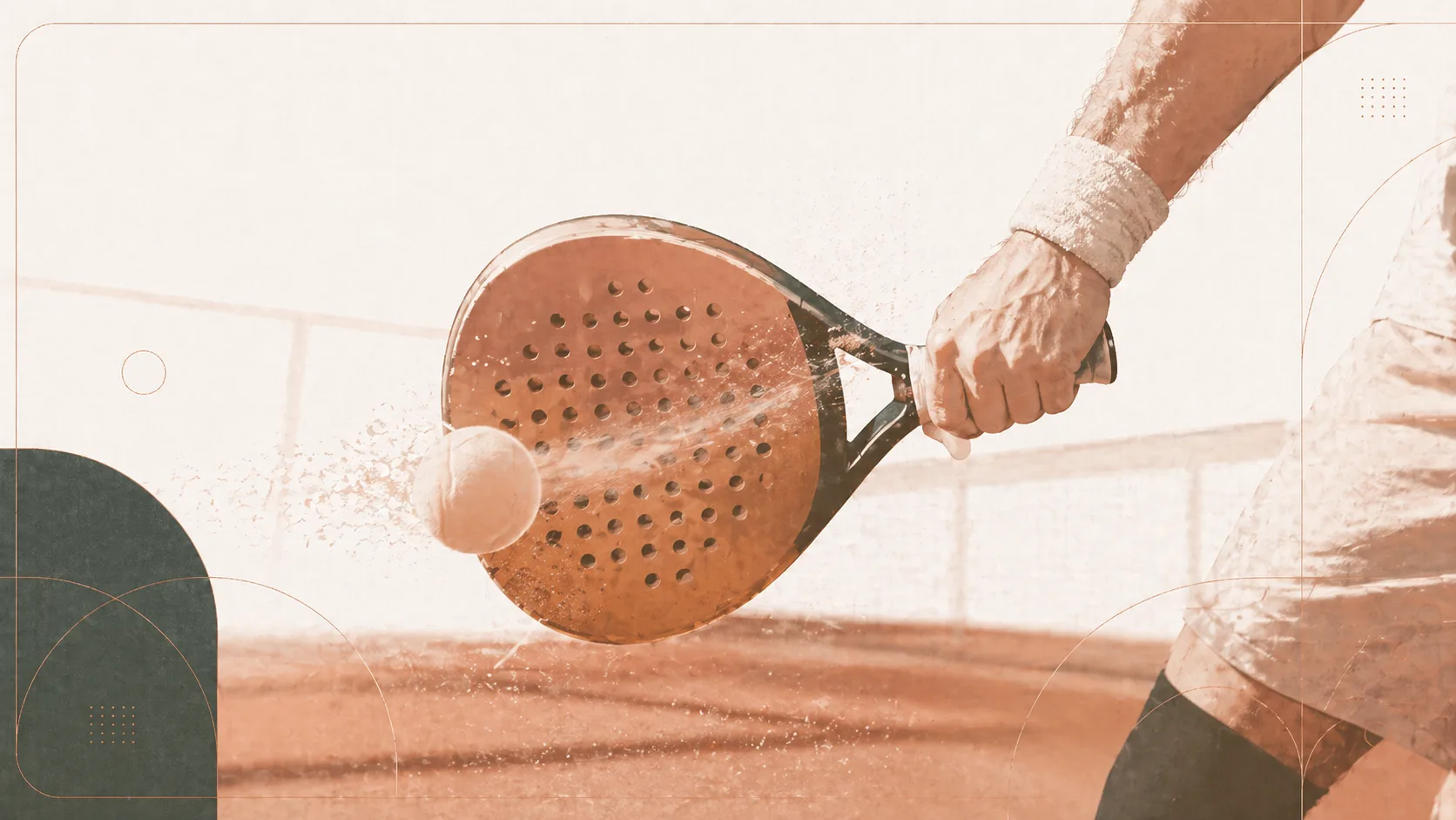 Close-up editorial illustration of a padel racket striking a ball
